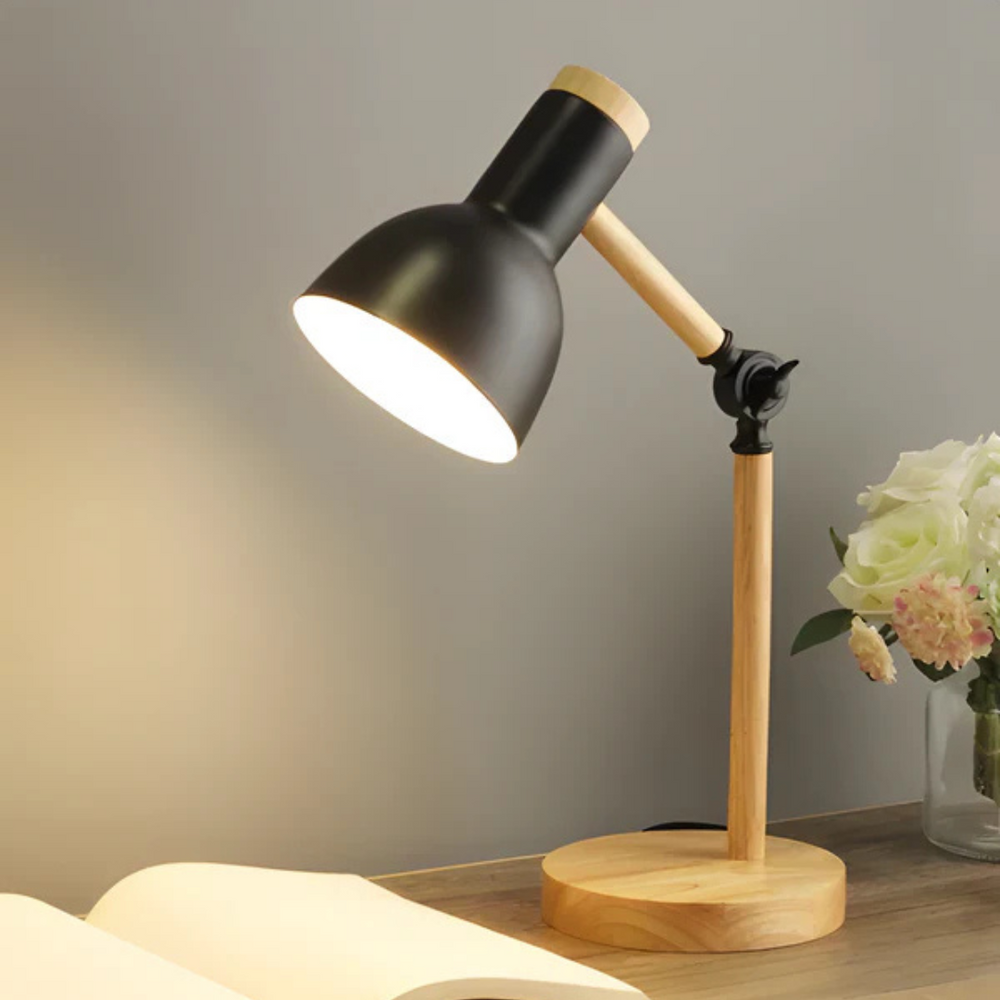 Adjustable wooden and metal table lamp in black with warm white