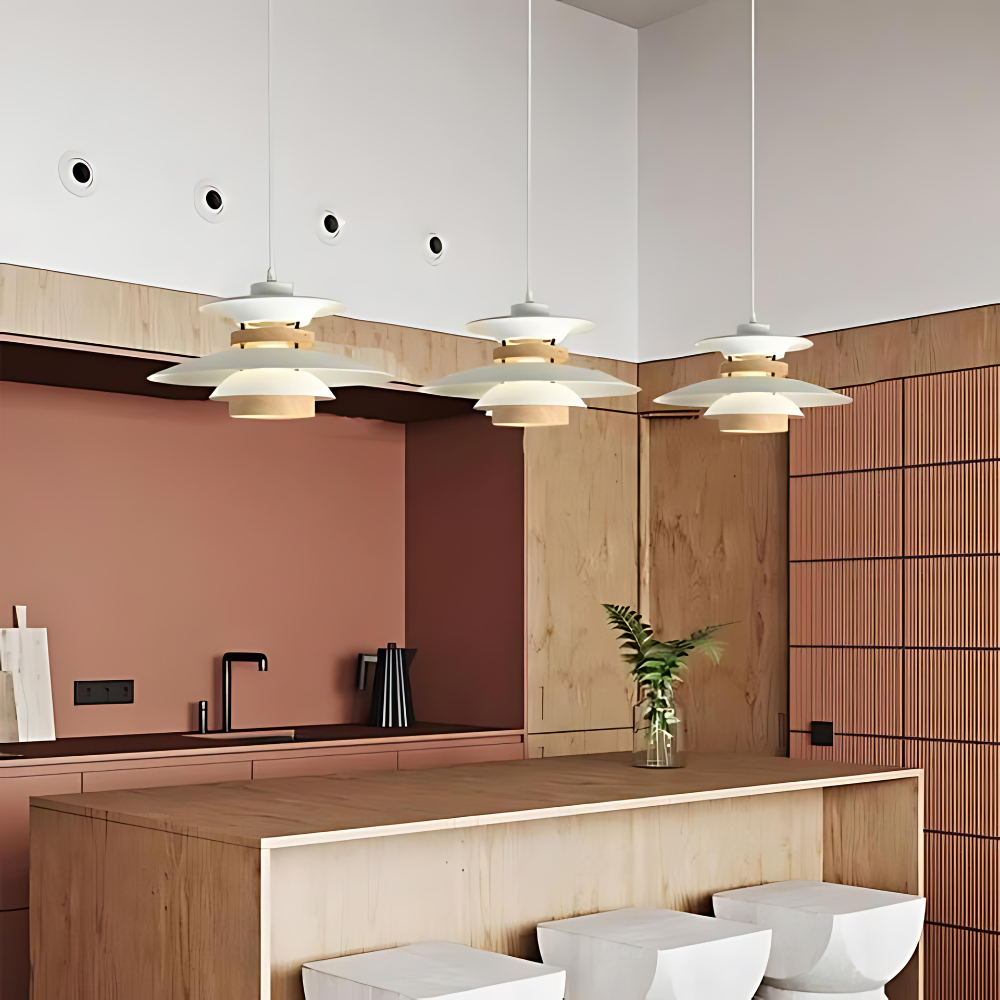Aurora Japandi LED pendant light in Matte White / Walnut-Finish, Ø35 cm (13.78")