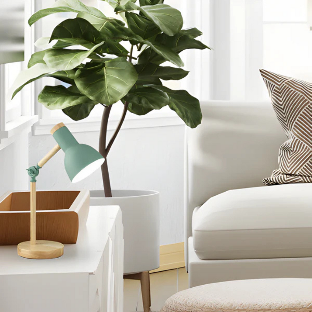 Adjustable wooden and metal table lamp in mint green with cool white