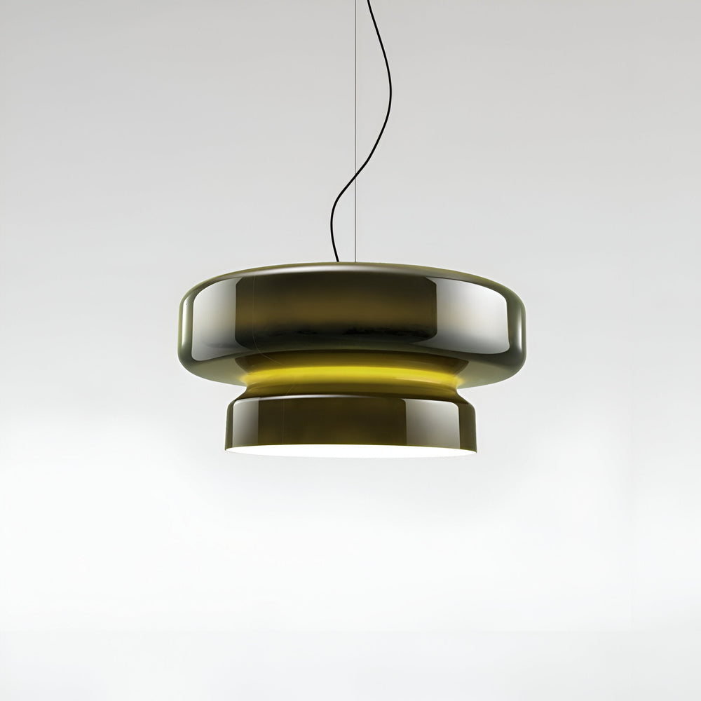 Colored glass pendant light in warm dining bedroom