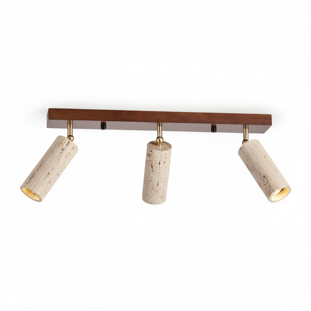 Modern three-light travertine-effect ceiling spotlight with walnut finish