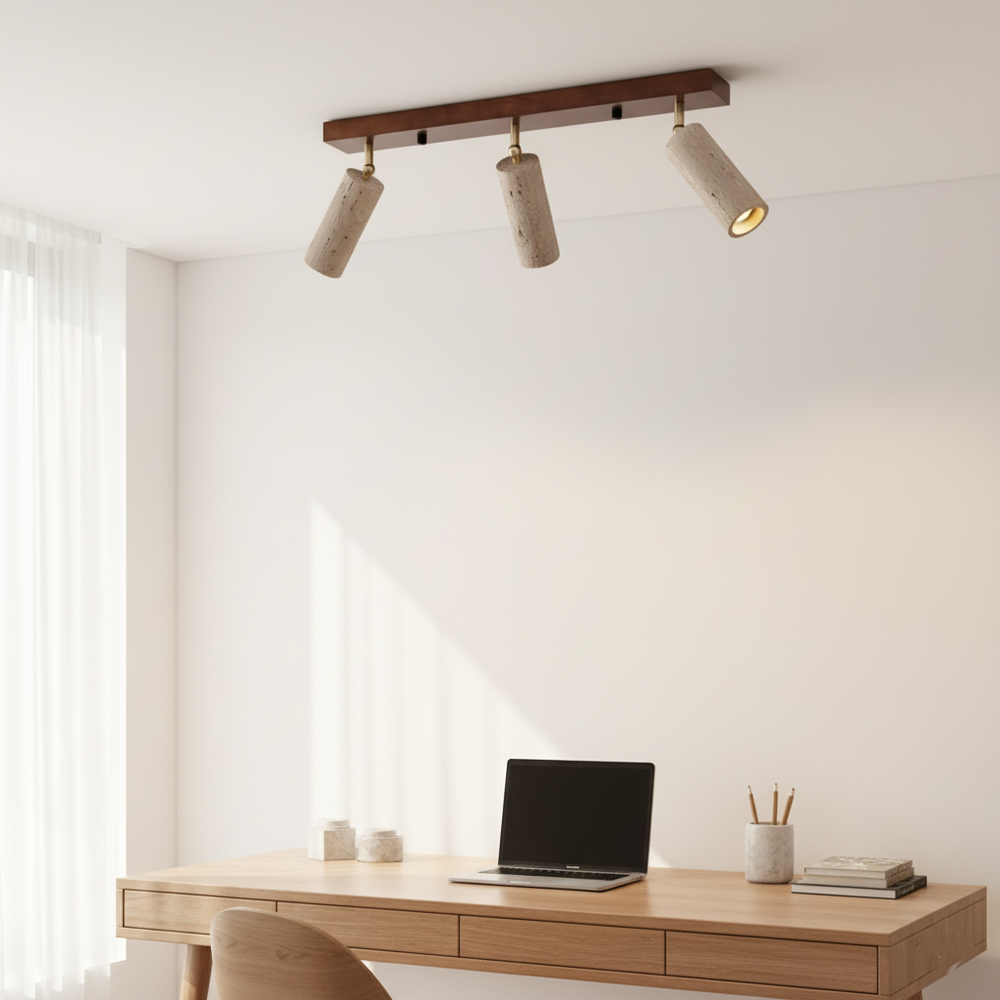Modern three-light travertine-effect ceiling spotlight