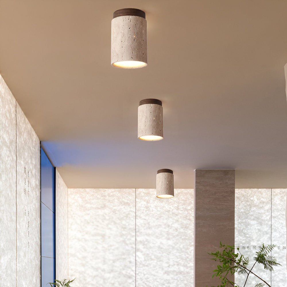 Orin natural travertine flush mount ceiling light with walnut finish