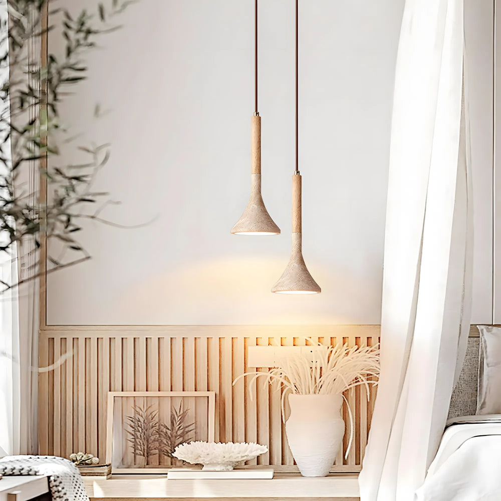 Aplomb Japandi natural travertine and wood pendant light, product view 6