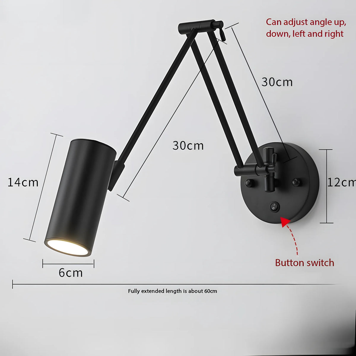 Axis gold swing arm LED reading wall light with button switch dimensions