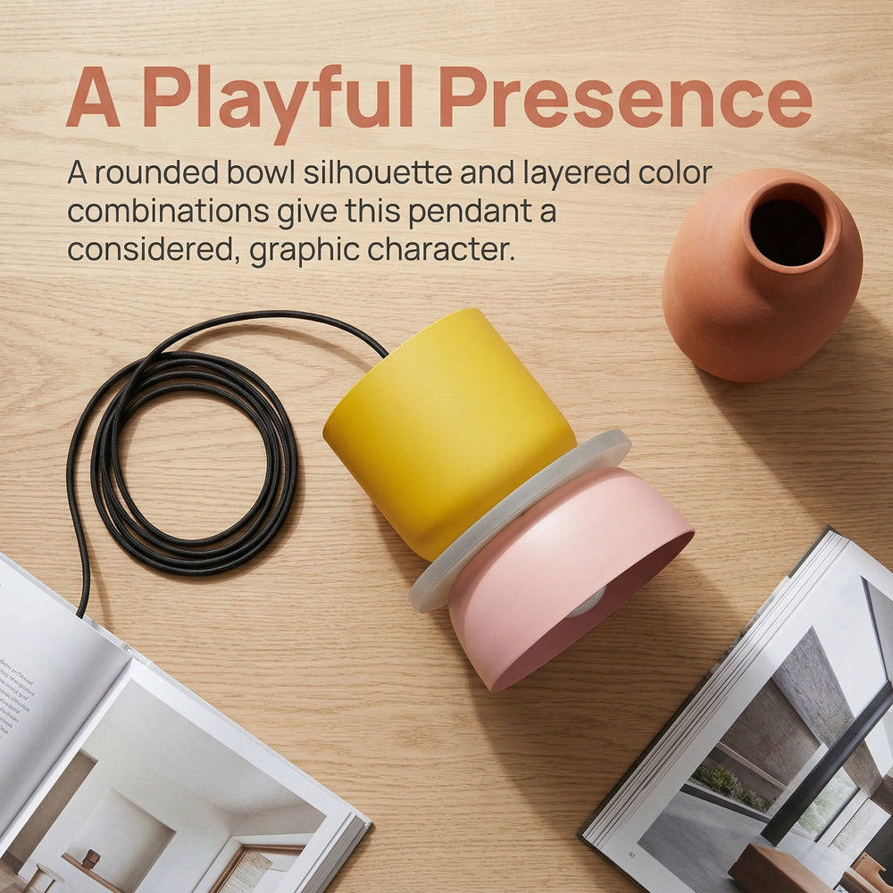 Colorful pendant lamp on a wooden surface with text describing its design.