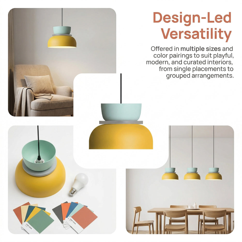 Collage of pendant lights in different colors with text about design-led versatility.