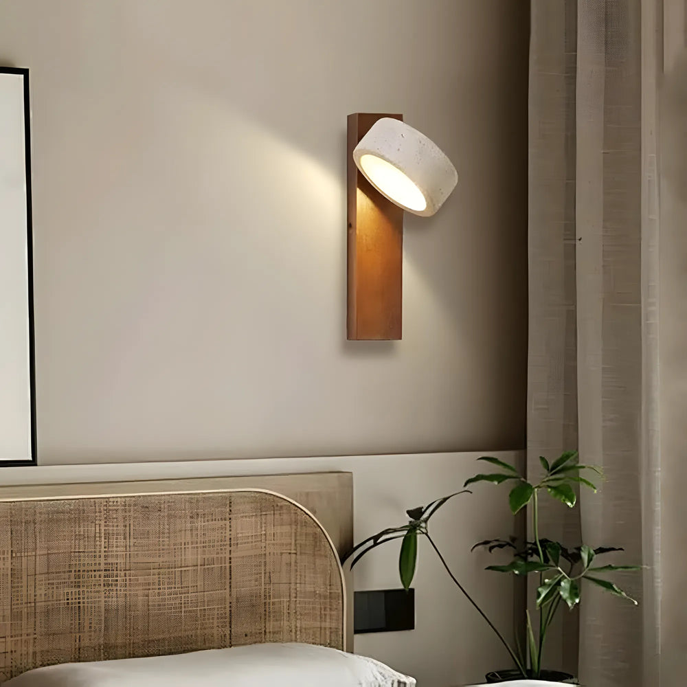 Japandi travertine-effect wood bedside reading wall light