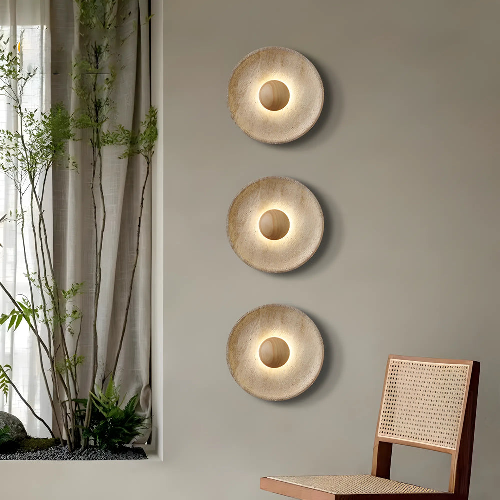 Wabi-Sabi natural travertine and wood LED wall light with walnut finish